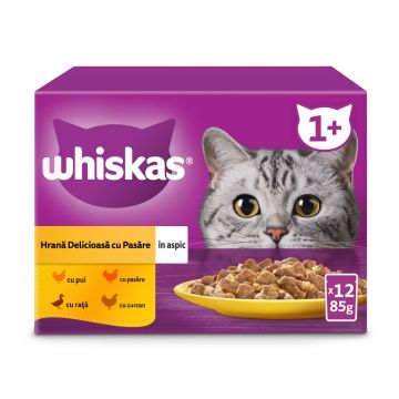 WHISKAS Selectii, Pasăre, hrană umedă pisici, (în aspic), multipack WHISKAS Selectii, Pasăre, plic hrană umedă pisici, (în aspic), multipack, 85g x 12