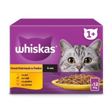 WHISKAS Selectii, Pasăre, plic hrană umedă pisici, (în sos), multipack, 85g x 12