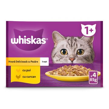 WHISKAS Selectii Pasăre, Pui și Curcan, plic hrană umedă pisici, (în aspic), multipack, 85g x 4