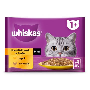 WHISKAS Selectii Pasăre, Pui și Curcan, plic hrană umedă pisici, (în sos), multipack, 85g x 4