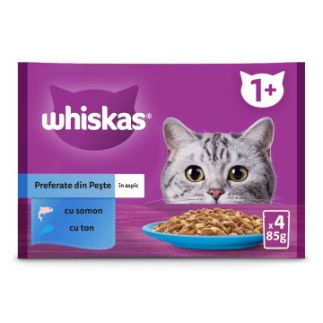 WHISKAS Selectii Pește, Somon și Ton, plic hrană umedă pisici, (în aspic), multipack, 85g x 4