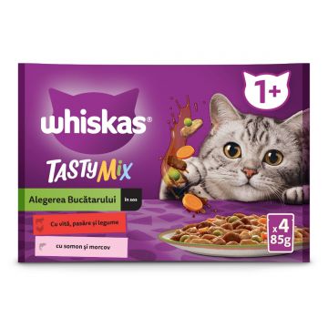 WHISKAS Tasty Mix Chef's Choice, Somon, Vită și Pasăre, plic hrană umedă pisici, (în sos), multipack, 85g x 4