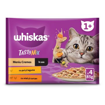 WHISKAS Tasty Mix Creamy Creations, Pui și Legume, Miel și Curcan, plic hrană umedă pisici, (în supă), multipack, 85g x 4