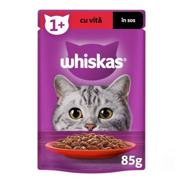 WHISKAS, Vită, plic hrană umedă pisici, (în sos), 85g