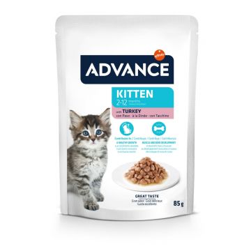 ADVANCE Kitten, Curcan, plic hrană umedă pisici junior, (în sos), 85g