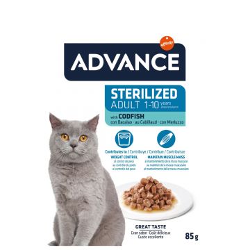 ADVANCE Sterilised, Cod, hrană umedă pisici sterilizate, (în sos) ADVANCE Sterilised, Cod, plic hrană umedă pisici sterilizate, (în sos), 85g