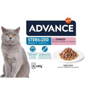 ADVANCE Sterilised, Curcan, hrană umedă pisici sterilizate, (în sos) ADVANCE Sterilised, Curcan, plic hrană umedă pisici sterilizate, (în sos), multipack, 85g x 4buc