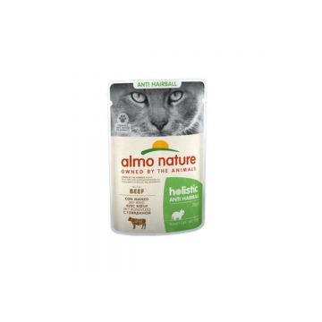 ALMO NATURE Holistic Anti Hairball, Vită, plic hrană umedă fără cereale pisici, limitarea ghemurilor de blană, (în supă), 70g