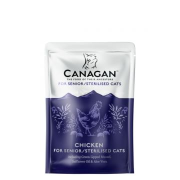 CANAGAN Senior/Sterilised , Pui, plic hrană umedă fără cereale pisici sterilizate senior, (în supă), 85g