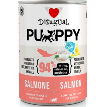 DISUGUAL Monoprotein Puppy, XS-XL, Somon, conservă hrană umedă monoproteică câini junior, (pate), 400g