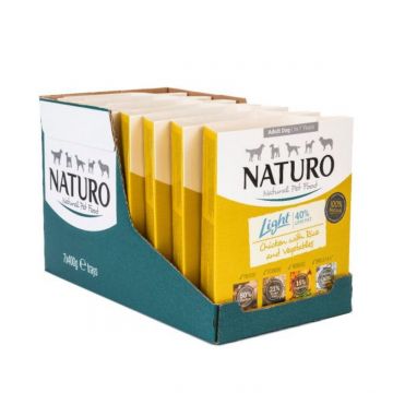 NATURO Low Grain Light, XS-L, Pui și Legume, tăviță hrană umedă conținut redus cereale câini, managementul greutății, (în aspic), 400g