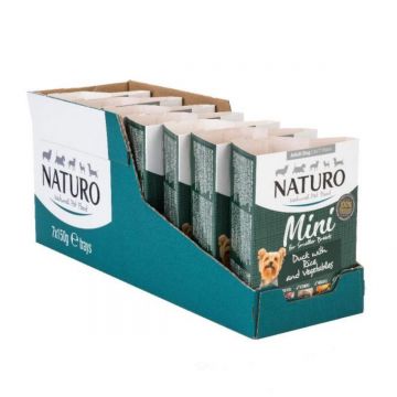 NATURO Low Grain, XS-S, Rață și Legume, tăviță hrană umedă conținut redus cereale câini, (în aspic), 150g