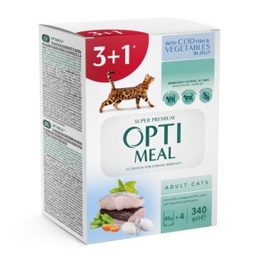 OPTIMEAL, Cod cu Legume, hrană umedă pisici, (în aspic) OPTIMEAL, Cod și Legume, plic hrană umedă pisici, (în aspic), bax, 85g x 4buc