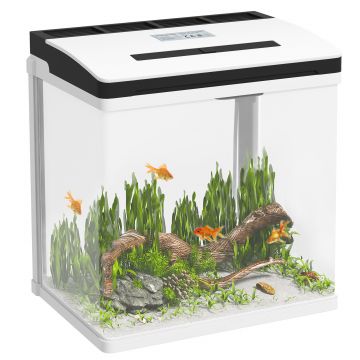 PawHut Acvariu de 13L, de Sticla cu Filtru, Iluminare cu LED-uri, Pompa de Apa, 29x20x30,5cm - Alb