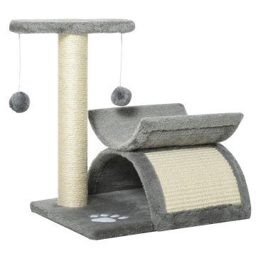 PawHut Ansamblu Pisici Copac Plus Ascuțire Unghii Stâlp Sisal Cusca 2 Mingii 40x30x43cm Gri | Aosom Romania