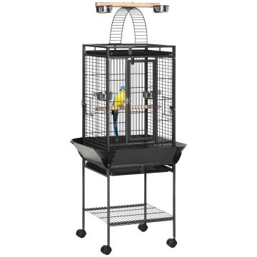 PawHut Colivie pentru Perusi cu 2 Stinghii de Lemn si Scara Acuita, Cusca pentru Pasari din Otel cu Intrari Multiple, 62.5x62.5x156 cm, Gri