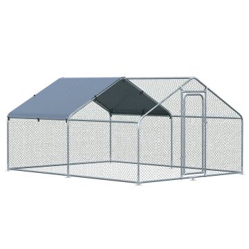 PawHut Coteț pentru Găini din Metal Galvanizat, Căsuță pentru Păsări de Curte cu Copertină Rezistentă la UV, 300x400x195 cm, Argintiu | Aosom Romania