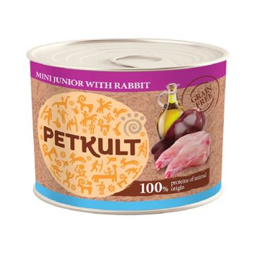 PETKULT Grain Free Mini Junior, Iepure, conservă hrană umedă fără cereale câini junior, 185g