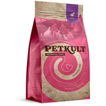 PETKULT Probiotics Starter&Junior, XS-XL, Rață și orez brun, hrană uscată câini junior, sistem digestiv & probiotice, 2kg