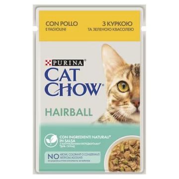 PURINA CAT CHOW Hairball Control, bucati cu pui si fasole verde in sos, 85 g ieftina