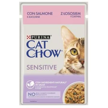 PURINA CAT CHOW Sensitive, cu somon si dovlecei in sos, 85 g ieftina