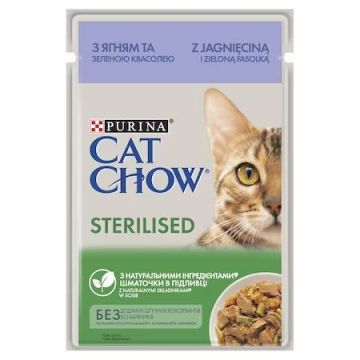 PURINA CAT CHOW Sterilised, bucati cu miel si fasole verde in sos, 85 g ieftina