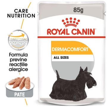 Royal Canin Dermacomfort Adult, hrană umedă câini, prevenirea iritațiilor pielii (pate) Royal Canin Dermacomfort Adult, plic hrană umedă câini, prevenirea iritațiilor pielii (pate), 85g