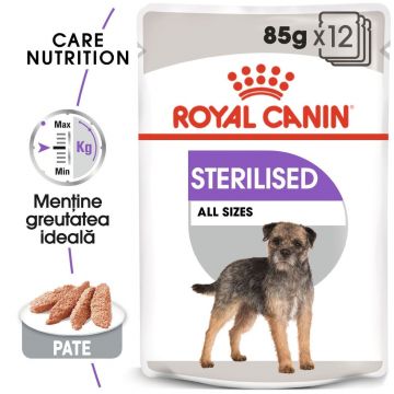 Royal Canin Sterilised Adult, hrană umedă câini sterilizați, (pate) Royal Canin Sterilised Adult, bax hrană umedă câini sterilizați, (pate), 85g x 12