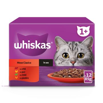 WHISKAS Selectii Clasice, Miel, Vită, Pui și Pasăre, hrană umedă pisici, (în sos), multipack WHISKAS Selectii Clasice, Miel, Vită, Pui și Pasăre, plic hrană umedă pisici, (în sos), multipack, 85g x 12