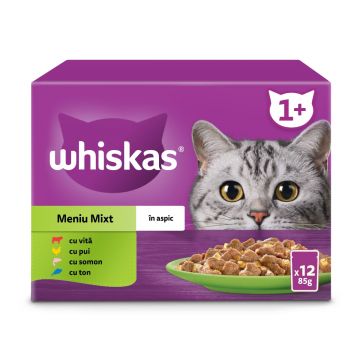 WHISKAS Selectii Mixte, Vită, Pui, Somon și Ton, hrană umedă pisici, (în aspic), multipack WHISKAS Selectii Mixte, Vită, Pui, Somon și Ton, plic hrană umedă pisici, (în aspic), multipack, 85g x 12
