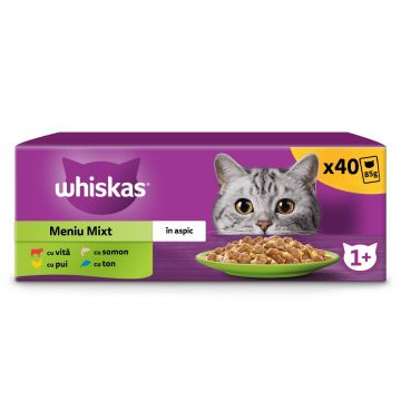 WHISKAS Selectii Mixte, Vită, Pui, Somon și Ton, hrană umedă pisici, (în aspic), multipack WHISKAS Selectii Mixte, Vită, Pui, Somon și Ton, plic hrană umedă pisici, (în aspic), multipack, 85g x 40