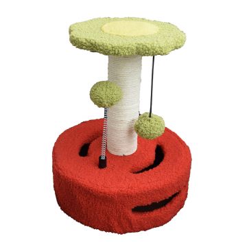 Ansamblu de joaca Pufo Flower pentru pisici, cu stalp pentru zgariat si minge, 33 cm, rosu/verde