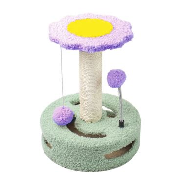 Ansamblu de joaca Pufo Flower pentru pisici, cu stalp pentru zgariat si minge, 33 cm, verde/mov