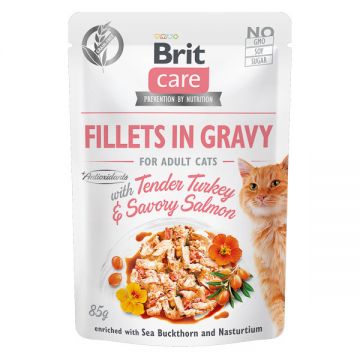 Brit Care Fillets Ingravy, Curcan și Somon, plic hrană umedă fară cereale pisici, (în sos), 85g ieftina