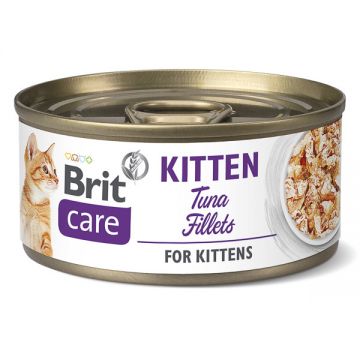 Brit Care Fillets Kitten, Ton, Conservă hrană umedă conținut redus cereale pisici junior, (în suc propriu), 70g ieftina