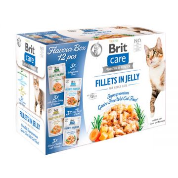 Brit Care Flavour Box Fillet in Jelly, 4 arome, plic hrană umedă fară cereale pisici, (in sos), 12 x 85g