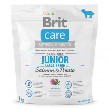Brit Care Gain-Free Junior Large Breed, L-XL, Somon și Cartof, hrană uscată fără cereale câini junior, piele & blană, 1kg ieftina