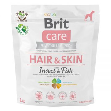 Brit Care Hair & Skin Adult S-XL, Insecte și Pește, hrană uscată fără cereale câini, piele și blană, 1kg