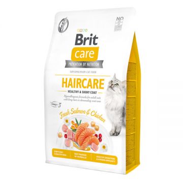 Brit Care Haircare Healthy & Shiny Coat, Somon și Pui, hrană uscată fară cereale pisici, piele și blană, 2kg