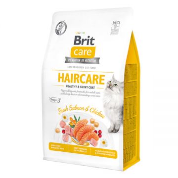 Brit Care Haircare Healthy & Shiny Coat, Somon și Pui, hrană uscată fără cereale pisici, piele și blană, 400g ieftina