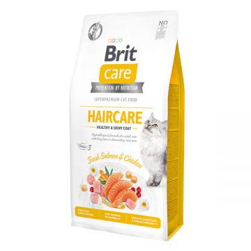 Brit Care Haircare Healthy & Shiny Coat, Somon și Pui, hrană uscată fară cereale pisici, piele și blană, 7kg