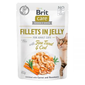Brit Care Kitten Fillets in Jelly, Păstrăv și Cod, plic hrană umedă fără cereale pisici junior, (în sos), 85g ieftina