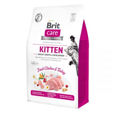 Brit Care Kitten Healthy Growth & Development, Pui și Curcan, hrană uscată fără cereale pisici junior, 400g