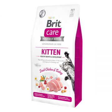 Brit Care Kitten Healthy Growth & Development, Pui și Curcan, hrană uscată fără cereale pisici junior, 7kg de firma originala
