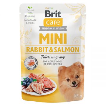 Brit Care Mini, XS-S, File Iepure și Somon, plic hrană umedă câini, (în sos), 85g ieftina