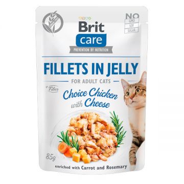 Brit Care pisică Fillets in Jelly, Pui cu Branza, plic hrană umedă fără cereale pisici junior, (în sos), 85g ieftina