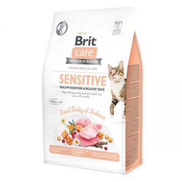 Brit Care Sensitive Healthy Digestion & Delicate Taste, Curcan și Somon, hrană uscată fără cereale pisici, sensibilități digestive, 400g ieftina