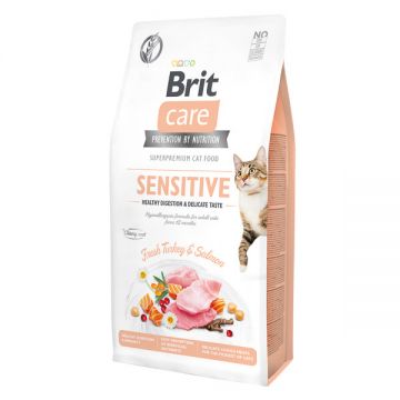 Brit Care Sensitive Healthy Digestion & Delicate Taste, Curcan și Somon, hrană uscată fără cereale pisici, sensibilități digestive, 7kg ieftina
