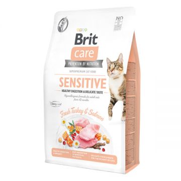 Brit Care Sensitive Healthy Digestion & Delicate Taste, Curcan și Somon, hrană uscată fară cereale pisici, sensibilităţi digestive, 2kg