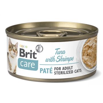 Brit Care Sterilized Pate, Ton și Creveti, Conservă hrană umedă conținut redus cereale pisici sterilizate, (pate), 70g ieftina